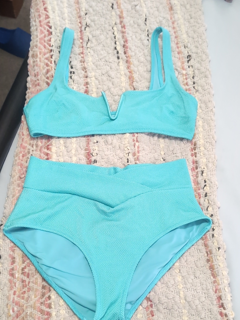 Aerie Textured High-Waist Bikini Set in Aqua Blue/Medium